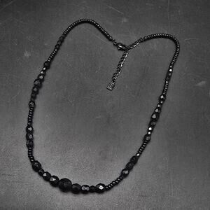 FI Signed Black Glass Beaded Necklace Costume Jewelry